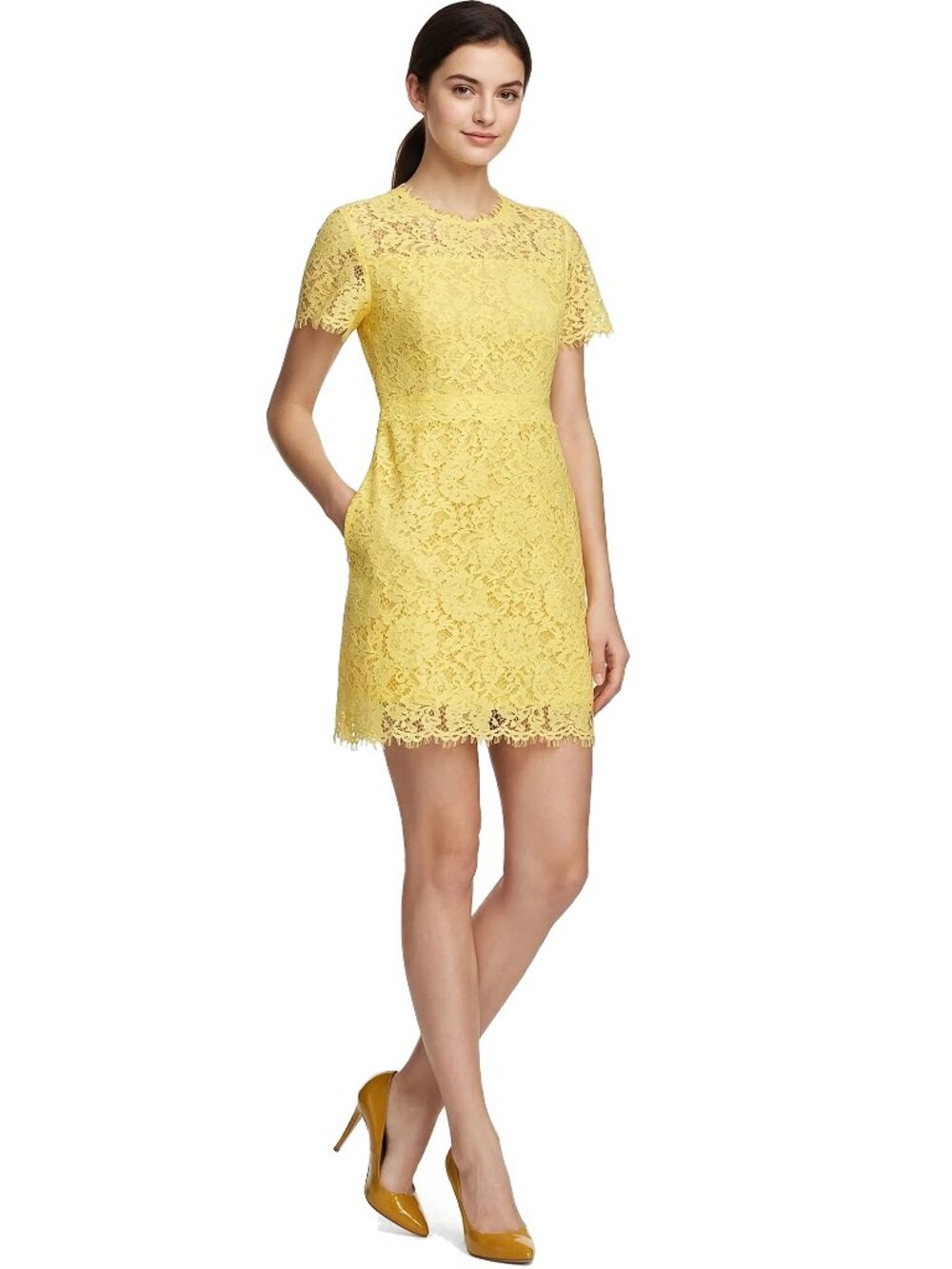 Muse Dress Yellow All-Over Floral Lace Yellow Tule Eyelash Trim Made Italy NWOT